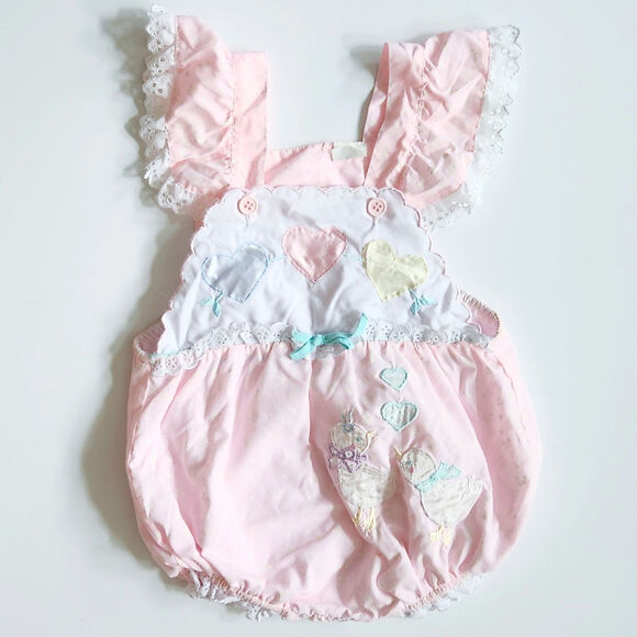 Haddad Group Vintage 70s Baby Girls Pink Duck Applique Bubble Romper Size 18 Mos